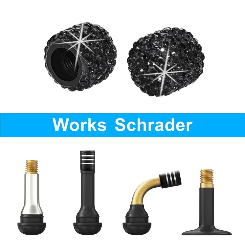 HZJD Tire Valve Stem Caps, Handmade Crystal Rhinestone, Black(4 Pack)