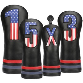 Golf Club Head Covers, 4pcs USA Flag Golf Club Covers for Woods and Driver Fairway Hybrid, Premium PU Leather Patriotic Golf Head Covers for Men Women - Fits Most Golf Clubs(Black)