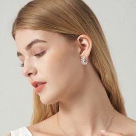 JSGEMSLEE 14K Gold Plated 925 Sterling Silver Huggie Hoop Earrings for Women Hypoallergenic Cubic Zirconia Olive Leaf Hoop Earrings Jewelry Gifts, Silver Sterling Silver White Gold Plated, Cubic