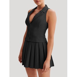 Cicy Bell Womens Summer 2 Piece Outfits V Neck Blazer Vest Matching Sets and Mini Pleated Skirts Black