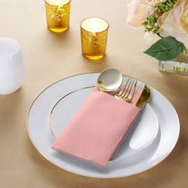 50-Pack Disposable Linen-Feel Dinner Napkins with Built-in Flatware Pocket, PINK Prefolded Cloth Like Paper Napkins For Dinner, Wedding Or Party [Silverware NOT Included]