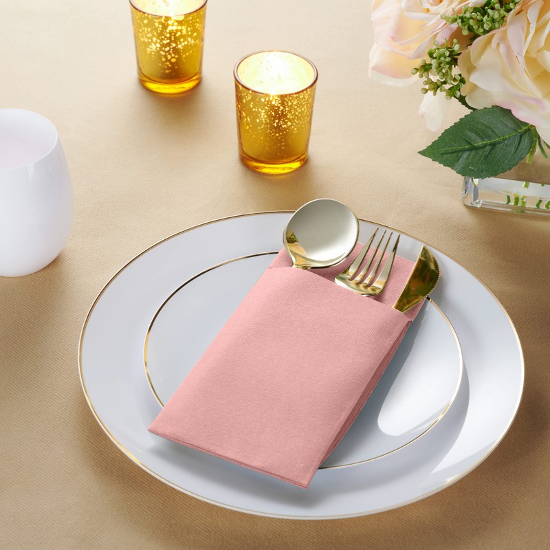50-Pack Disposable Linen-Feel Dinner Napkins with Built-in Flatware Pocket, PINK