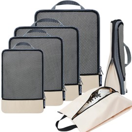 BAGAIL 4 Set/6 Set/8 Set Compression Packing Cubes Travel Accessories Expandable Packing Organizers (Half Mesh, 6-Beige)