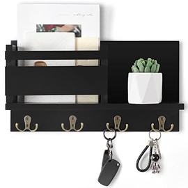 Key and Mail Holder for Wall Decorative - Rustic Mail Organizer Wall Mount, Wooden Letter Sorter Organizer with 4 Key Rack Hooks for Hallway Kitchen Farmhouse Decor (16.5â x 9.1â x 3.4â) (Black)