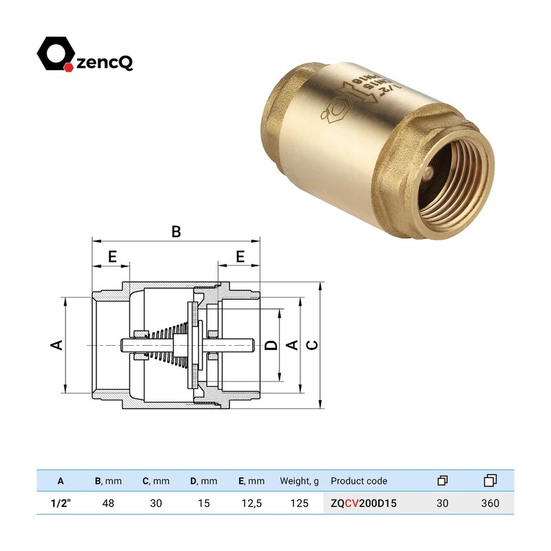zencQ Check Valve Brass 1/2 Inch