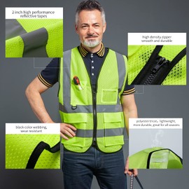 Hi Vis Vests for Women Men High Visibility Reflective Safety Security Vest with Pockets Zipper Front Meets ANSI/ISEA Standards（Medium,Green(mesh))