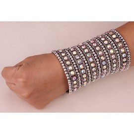 YACQ Women's Big Multilayer Stretch Cuff Bracelets Fit Wrist Size 7 to 7-4/5 Inch - Elastic Band & 6 Row Crystals Jewelry - 4 Inch Wide - Lead & Nickle Free