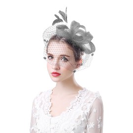 IBLUELOVER Women Fascinator Hat Wedding Veil Headwear with Headband Handmade Feather Flower Pillbox Hat Bridal Dot Mesh Net Veil Hair Accessories for Church Cocktail Tea Party Banquet Dance Grey