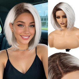 HAIRCUBE Ombre White Synthetic Lace Front Wig, 10 Inch Layered Glueless Bob Wig, Natural Density Hairline Wigs for Women Daily Use