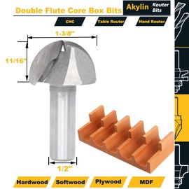Akylin Core Box Router Bits,1/2 Inch Shank,Cove Box Bits 1-3/8" Cutting Diameter, 11/16“ Cutting Height Round Nose Cutter for Wood Roundnose/Cove Grooving,Veining,Engraving,Plunging