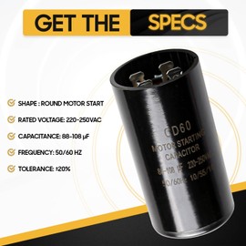 CD60 Round Motor Start Capacitor 50/60 Hz AC Electric Motor Universal Fit for AC Motor Run or Fan Start and Cool or Heat Pump Air (220-250 VAC, 88-108 uf/MFD)
