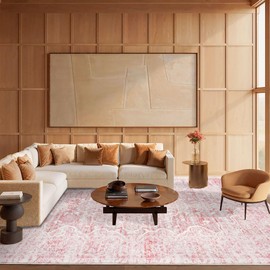 KUTA Pink 9x12 Area Rugs for Living Room, Vintage Washable Large Area Rug for Bedroom 9ft x 12ft Non-Slip, Ultra Soft Printed Distressed Oriental Dining Room Rug Carpet, Low-Pile Wool Room Carpet