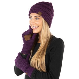 Funky Junque Funky Winter Hat and Gloves for Women: Super Soft Knit Slouchy Beanie and Fleece Lined Touchscreen Gloves Set - Dark Purple