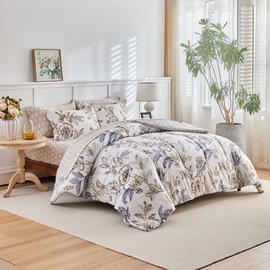 Joyreap Queen Comforter Set- 7 Pieces Floral Bed in a Bag, Blue Flowers Golden Leaves Design Comforter Sheet Set, Soft n Cozy Microfiber Bedding Set for All Seasons