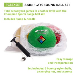 Champion Sports Rhino Playground Ball Set, 8.5"D -Two-Ply, Nylon Wound - Set of 6 Colors With Bag and Pump