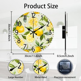 CHGCRAFT 12inch Lemon Wall Clock Silent Non Ticking Round Wooden Clock Fruit Clock Farmhouse Wall Clock for Living Room Kitchen Bedroom Office Decoration