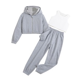 Floerns Girls 3 Piece Outfit Crop Tank Top Sweatpants Set with Sweatshirt Jacket Grey 14Y
