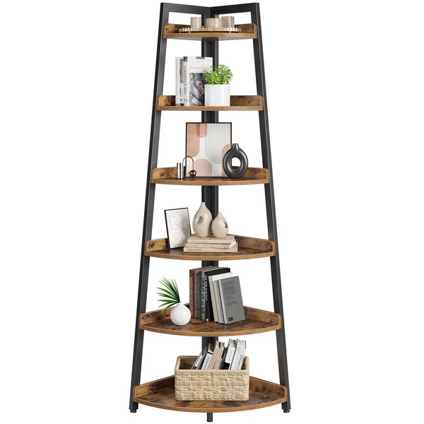 Rolanstar Corner Shelf, 6 Tier Corner Bookshelf, 70.9" Tall Display Organizer Storage Stand, Multipurpose Shelving Unit Ladder Shelf for Living Room, Home Office, Small Space, Rustic Brown