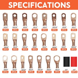 Amliber 260PCS Heavy Duty Battery Terminal Connectors Kit, 120PCS Battery Cable Ends 1 2 4 6 8 Gauge Wire Connectors, Copper Wire Lugs with 140PCS 3:1 Heat Shrink Tubing