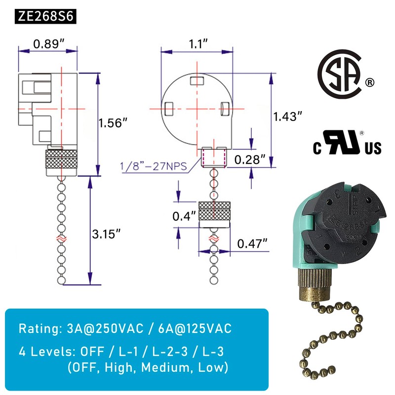 YukiHalu Ceiling Fan Pull Chain Switch 3 Speed 4 Wire,