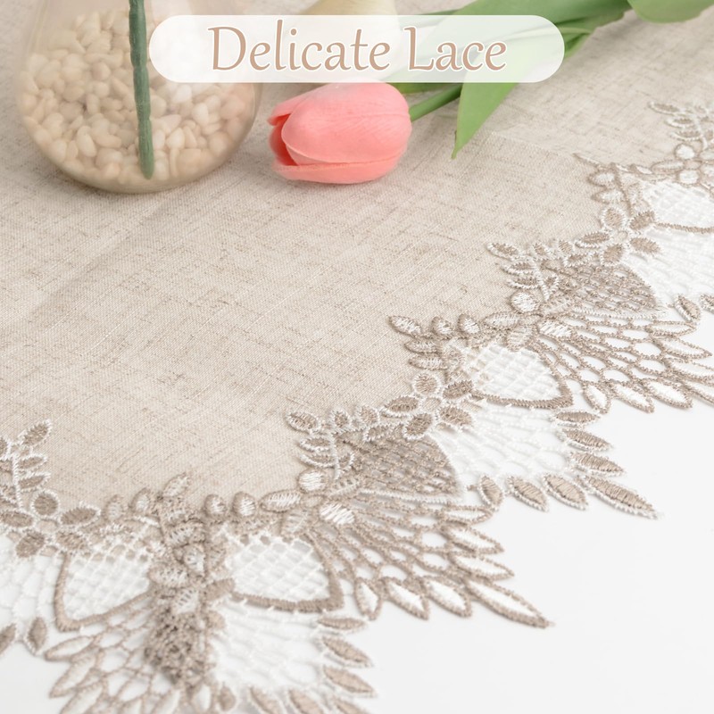 URROMA Linen Round Beige Table Cover with Lace Trim,Table Decor