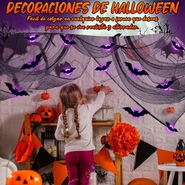Halloween Decoracion, 24 Murcielagos Halloween 3D y 1 Gasa Negra,Murcielagos Adornos de Luz,Luminoso nocturna de murciélago,Ideal Decoración Hallowee 