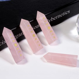 Rockcloud Moon Phase Engraved Crystal Point, Lunar Eclipse Hexagonal Wand Pocket Stone for Reiki Meditation Home Decoration, Rose Quartz