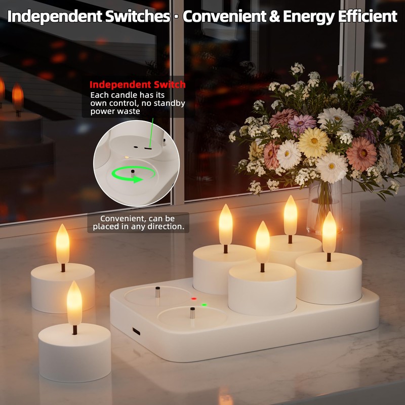 Rechargeable Flameless Tea Lights Candles with Charging Station 6Pcs Battery