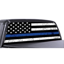 66" x 18" Thin Blue Line American Flag Distressed Truck Rear Window Tint Perforated Vinyl Graphic