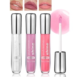 Clear Glitter Lip Gloss Lip Plumper-3Pcs Hydrating Lip Glow Oil Plumping Lip Oil Gloss, Pink Purple Moisturizing Tinted Jelly Lip Gloss, Shimmer Lipgloss Lip Glaze Lip Care for Women-Set 1