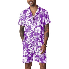 Fastkoala Men's Hawaii Sets Outfits Tracksuit Suits Summer Beach Tropical Flower Print Shirts Shorts 2 Pieces, light purple, 3XL