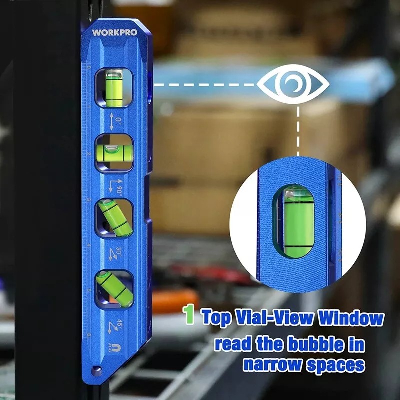 WORKPRO 8” Magnetic Torpedo Level 4 Bubble Vials for 0°/90°/45°/30°