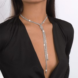 Stocking Stuffers Gifts for Women Rhinestone Choker Necklaces Silver Sparkly Choker Crystal Necklace Long Chain Tassel Necklace Rhinestone Y Necklaces Jewelry for Women Girls