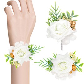 ZAGQIG 2 Pcs White Rose Corsage and Boutonniere Set for Wedding, Artificial Flower Prom Wrist Corsage, Wrist Corsage and Men Boutonniere Set for Prom Suit Decoration Wedding Flower Party Accessories