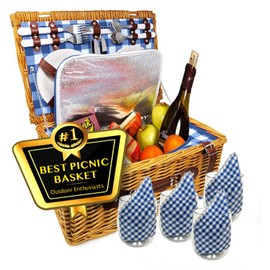 Nature Gear Picnic Basket, Wicker Basket with Handle for Outdoors, Insulated Woven Basket, Includes a Service Kit of Dinnerware & Wine Glasses, Picnic Basket Set for 4, Blue & White