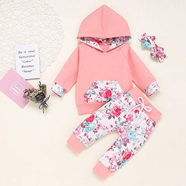 Juflam Baby Girl Clothes Floral Hoodie Sweater shirt Tops and Pants Headband outfits Sponsored (pink, 0-6 months)