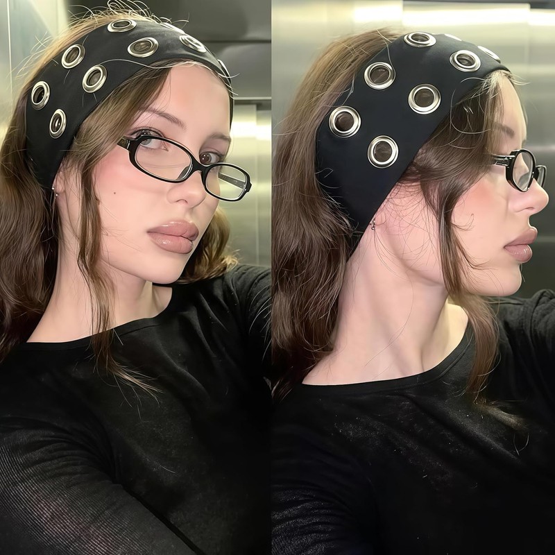 Hollow Eyelet Elastic Headband,Studded Headband Punk Style Rivet,Eyelets Elastic Stretchy
