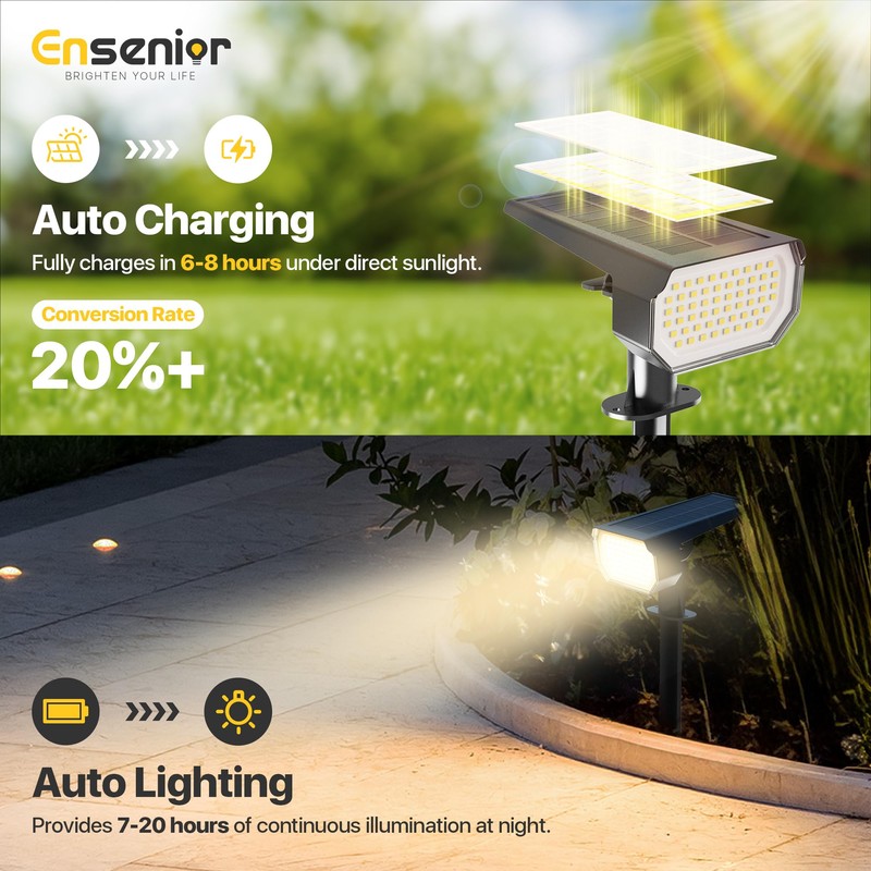 Ensenior Solar Spotlights Outdoor, Brightness Adjustable 6500K LED Solar Garden