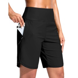 G Gradual Women's 9" Long Swim Board Shorts with Zipper Pockets High Waisted Knee Length Beach Swimming Shorts with Liner (Black,L)