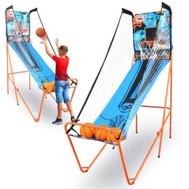 SereneLife Single Hoop Basketball Shootout Indoor Home Arcade Room Game with Electronic LED Digital Basket Ball Shot Scoreboard&Play Timer Fold-up Court Shooting Sports for Adults Player, Blue