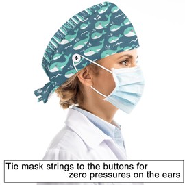 Cute Cartoon Whale Working Cap with Button Sweatband Bouffant Hats Adjustable Working Hat Surgical Cap Nurse Cap Elastic Bandage Tie Back Hats Scrub Caps for Women Men Long Hair