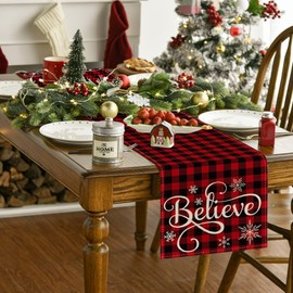 Artoid Mode Red and Black Buffalo Plaid Believe Table Runner, Seasonal Winter Christmas Holiday Kitchen Dining Table Decoration for Indoor Outdoor Home Party Decor 13 x 90 Inch