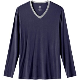 MoFiz Mens Pajama Set Long Sleeve V Neck 2 Piece Nightwear Loungewear Sleepwear Modal Pants With Pockets Pj's Sleep for Men, Navy, Large