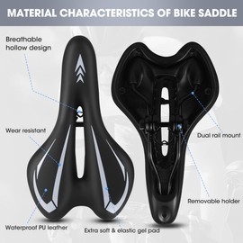 MSDADA Road Bike Seat Mountain Bike Saddle - Soft Cushion Padded Gel Bicycle Seats for Comfort Men Women - Comfortable Waterproof BMX MTB Seat Bicycle Saddles Accessories for City/Exercise Bikes -Gray