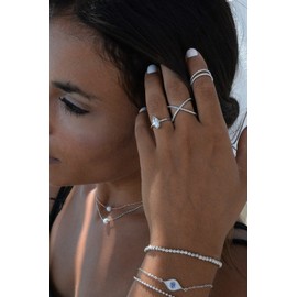 LEMON GRASS Womens Criss Cross Ring Diamond X Ring Micropave CZ Inlay 14K Rose Gold Plating Size 4 5 6 7 8 9 10 (Silver, 8.5)