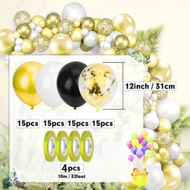 Mbsomnus Gold Balloons Birthday Pack of 60 Balloons Wedding 30 cm Balloons Metallic Gold Confetti with Ribbons Black White Helium Latex Balloons for Graduation Children Party Birthday Decoration
