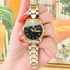 OLEVS Women's Watches Gold Silver Easy to Read Wrist Watches for Women with Small Face Day Date Stainless Steel Strap Waterproof, 5567l Black/Gold/Silver, Bracelet