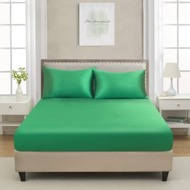 California King Silk Satin Fitted Sheet, Soft Deep Pocket Single Bottom Bed Sheets Sold Separately, Wrinkle Free, Non- Fading, Breathable, Fully Elasticized(Cal King Size, Green)