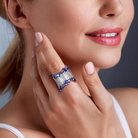 RANDES Tanzanite Wide Band Rings for Women 925 Sterling Silver Chunky Rings Cubic Zirconia Statement Ring Anniversary Band Size 9.5