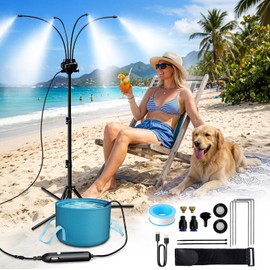 MQHUAYU 5.3FT Standing Misters for Outside Patio,Portable Misting Cooling System with 12L Bucket,Booster Pump,26.5FT Water Line & 6 Brass Nozzles,Adjustable Height Water Mister for Patio, BBQ, Pool